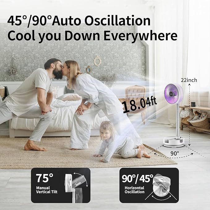 Socool 20000mAh 8" Portable Fan Battery Operated Fans, Oscillating Charging Fan, Remote Control LED Light, 112 Hours Working Portable Foldable Fans for Camping Travel Outdoor