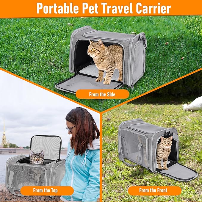 Pet Portable Travel Carrier Bag for Cats Dogs, Mesh Travel Puppy Carrier, Oxford Fabric Large Capacity Breathable Soft-Sided Animals Carrier with Mat Shoulder Strap (Grey)