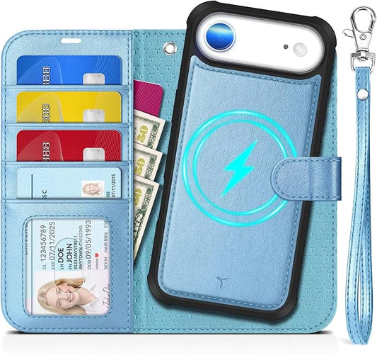 TUCCH Removable Case Wallet for iPhone Air (6.5") 2025, Detachable Wrist Strap, Wireless Charging, Stand, 4 Card Slots RFID Blocking, 2-in-1 Magnetic, PU Leather Shockproof Cover, Pearly Light Blue