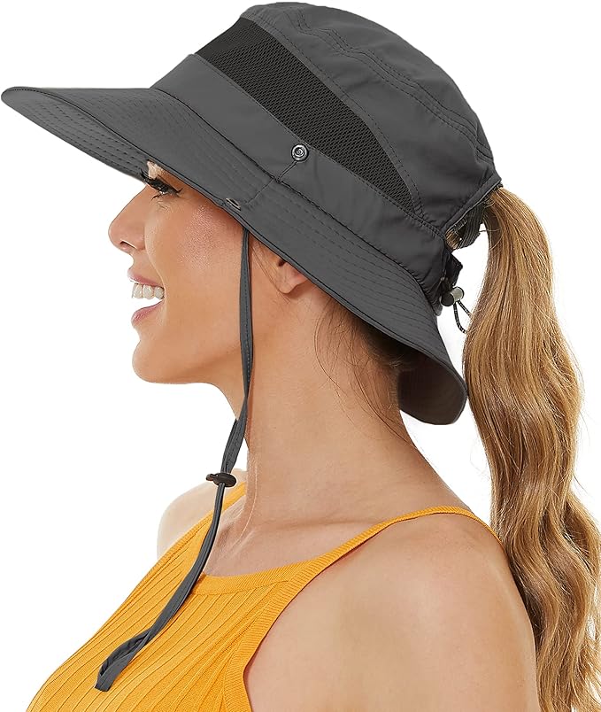 Sun Bucket Beach Hats for Women with Ponytail Hole,Sun Protection UV UPF50+ Waterproof Fishing Safari Hiking Hat