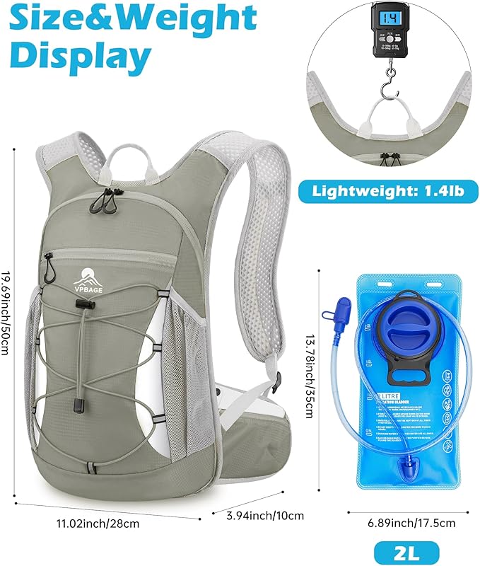 Hydration Backpack with 2L Water Bladder - Lightweight 15L Daypack with Phone-Sized Hip Belt Pockets, Anti-Chafe Cotton Edging & No-Bounce Straps - Small Water Backpack for Hiking, Running, Skiing