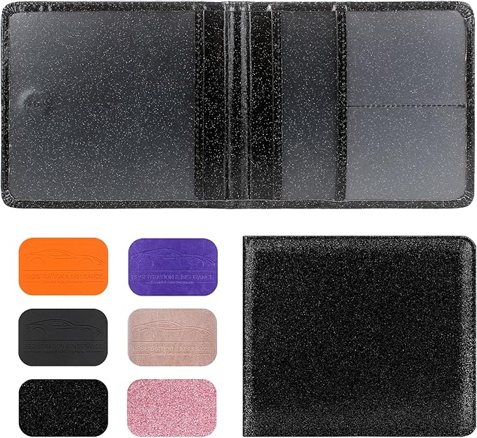 Car Registration and Insurance Holder, Leather Registration and Insurance Card Holder, Vehicle Glove Box Organizer - For Documents, Cards, License (Bling Black)