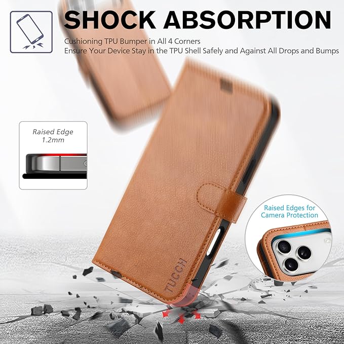 TUCCH Wallet Case for iPhone 17 Pro Max (6.9") 2025, 4 Card Holders | RFID Blocking | Stand | PU Leather | Magnetic Closure | Protective Folio Cover | Shockproof TPU Shell | Light Brown