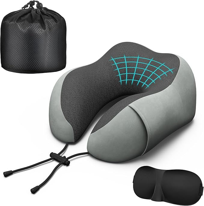 Neck Travel Pillow, Upgraded Memory Foam Pillow for Airplane, Machine Washable, Adjustable Flight Pillow, Suitable for Sleeping Airplane, Car, Office and Home (Grey)