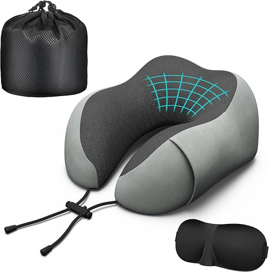 Neck Travel Pillow, Upgraded Memory Foam Pillow for Airplane, Machine Washable, Adjustable Flight Pillow, Suitable for Sleeping Airplane, Car, Office and Home (Grey)