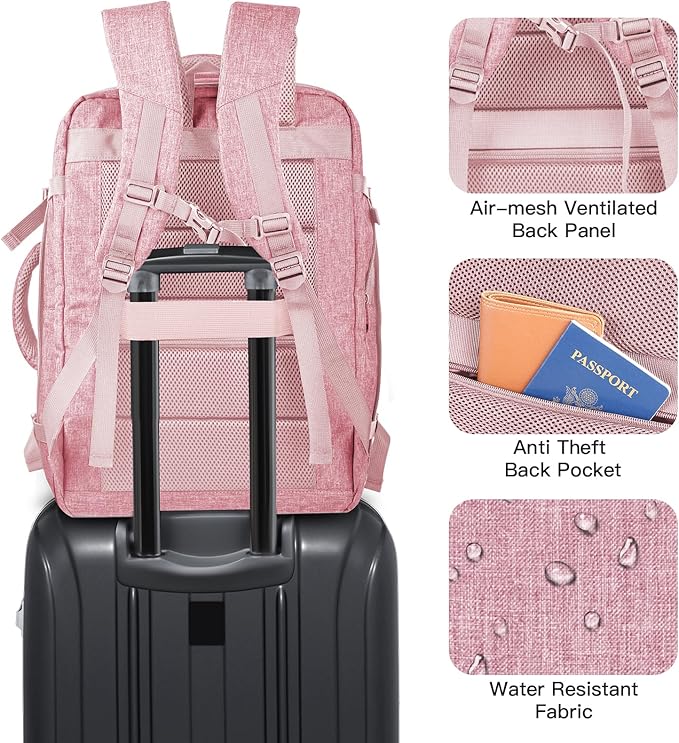 Carry On Backpack for Women, 50L Travel Backpack Flight Approved, Expandable Backpack For Airplanes, 17 Inch Laptop Backpack, Luggage Suitcase Daypack Lightweight Business Weekender Bag, Pink
