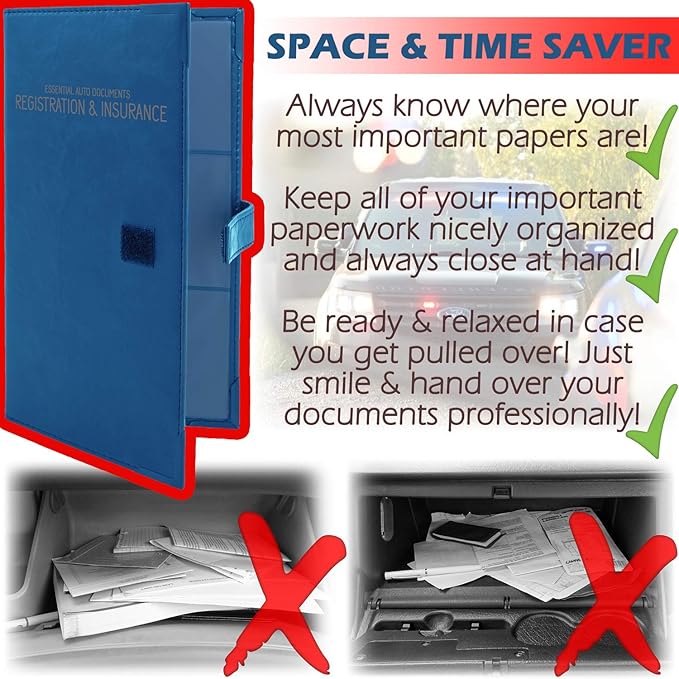 Auto Insurance and Registration Card Holder - Vehicle Glove Box Document Organizer - Car Essential Paperwork Holder for DMV, AAA, Contact Information Cards - Premium PU Leather Wallet Case - Blue