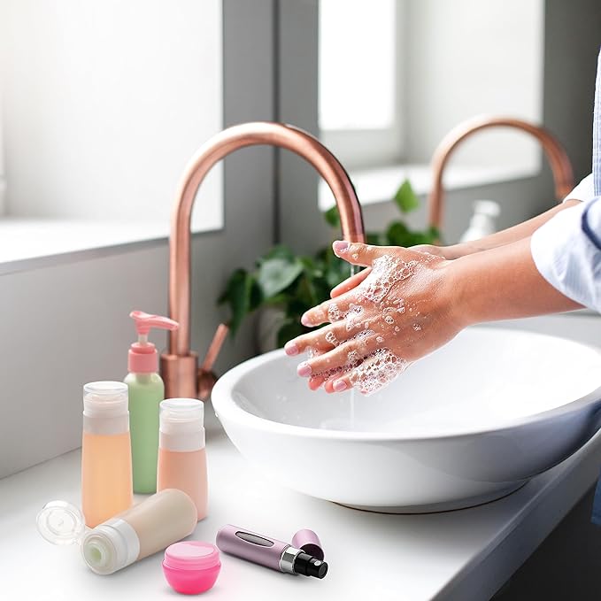 Travel Size Toiletry Bottles, Kit of 16 - TSA Approved Toiletries Essentials for Flying - Must Haves for Women - Silicone Containers, Squeeze Bottles and Accessories for Shampoo, Conditioner, Liquids