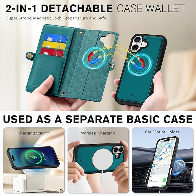 TUCCH Detachable Crossbody Wallet Case for iPhone 17 (6.3"), 9 Card Holders RFID Blocking | Lanyard | Wrist Strap | Wireless Charging | Zipper Pocket | PU Leather | Kickstand Flip Cover | Bluish Green