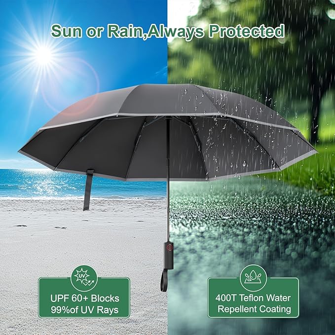 Rappeo 4-in-1 Inverted Travel Umbrella Compact, Automatic Large Umbrellas for Rain & Sun, Portable Windproof Umbrella for Backpack, Reverse Folding Umbrella for UV with Reflective Strips,Lightweight