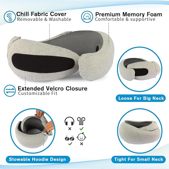 Travel Neck Pillow for Airplanes, Plus Memory Foam Pillows for Neck Support, Best Turtle Pillow for Adult Traveling Sleeping Flight Pillow Cool for Women Long Haul Flights Almohada De Viaje-XS