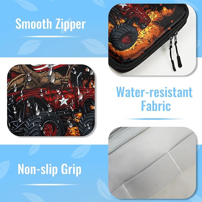 Truck Dinosaur Travel Cable Organizer Pouch American Flag Electronics Accessories Carry Case Portable Water Resistant Storage Bag for Cord Charger Phone Earphone SD Card