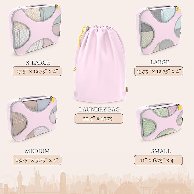 Shacke Premium 5 Packing Cubes Set - Lightweight Mesh Travel Luggage Organizers with Laundry Bag, 5-Piece Suitcase Storage System (Petal Pink)