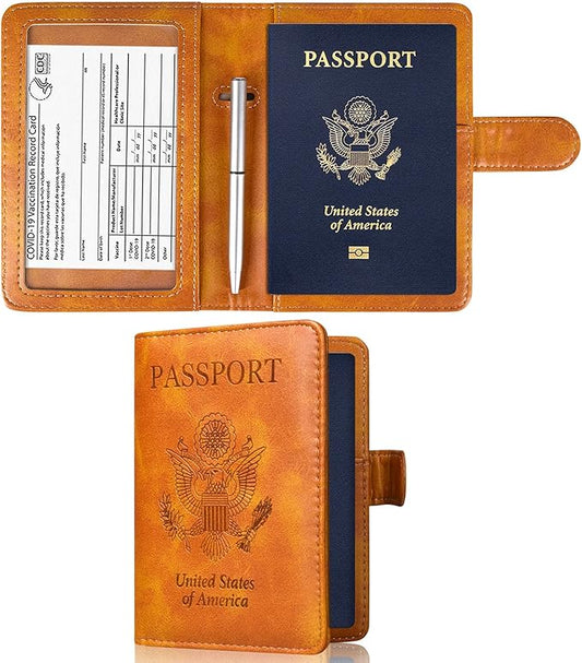 Caweet Passport and Vaccine Card Holder Leather Vaccination Card Wallet with Magnetic Closure, Brown
