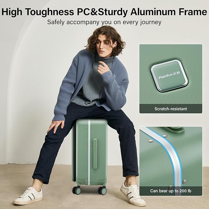 Hanke 20 Inch Carry On Luggage with Cup Holder and Charge,Top Opening Hard Shell Suitcases with Wheels and Dividers,Aluminum Frame Trunk Luggage Small Suitcase with Lock for Travel,Forest Green