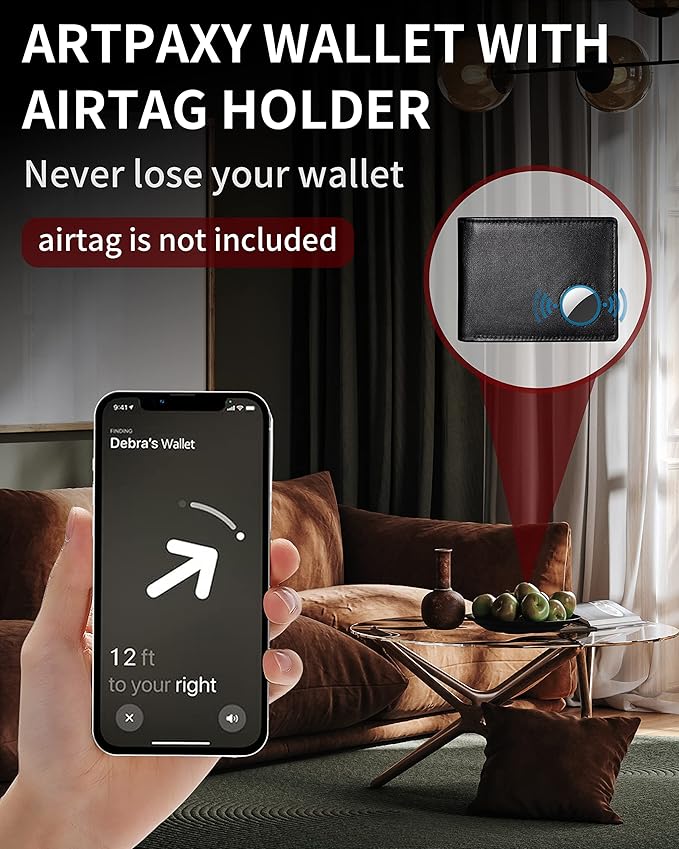Mens Wallet With AirTag Holder, Bifold Leather RFID Blocking 1-2 ID Windows 12-13 Card Holders, Gift Box and Screen Protector Included, AirTag Not Included