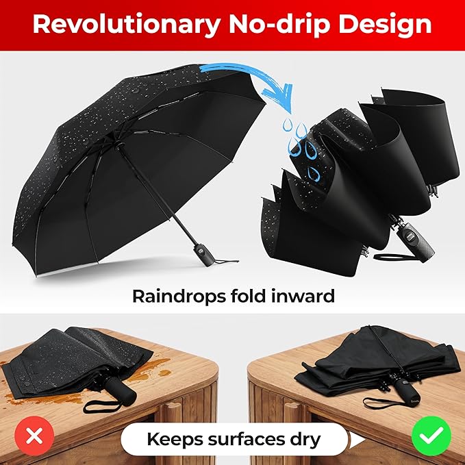 TUMELLA Flip-proof Inverted Travel Umbrella, Small Strong but Light Portable and Automatic Reverse Folding Rain Umbrella, Durable Premium Grip, Fits Car & Backpack