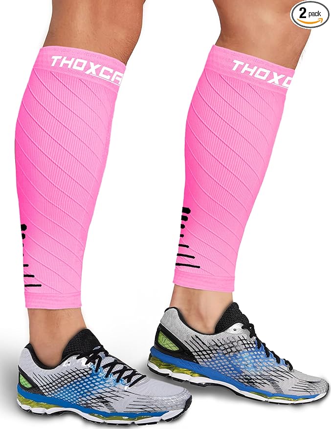 Thoxcare Calf Compression Sleeve for Men Women (2 Pairs), Leg Support Footless Compression Socks for Running - Shin Splint Varicose Veins Swelling & Pain Relief, Pink/Black, Medium