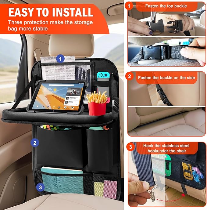 Car Backseat Organizer with Tablet Holder,6 Storage Pockets Car Storage Organizer with Foldable Food Tray,Kick Mats Backseat Protector Travel Accessories (Black)
