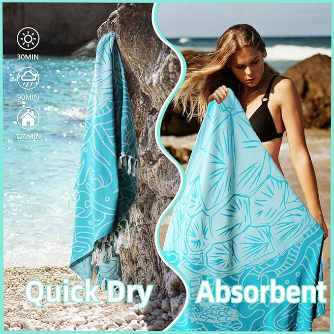 Oversized Turkish Beach Towel Blanket Cotton Giant XL Sandproof Towels Huge Linen XXL Extra Large Big Throw Quilt Blankets for Adults Cloud Travel Camping Glamping Accessories Essentials Turtle