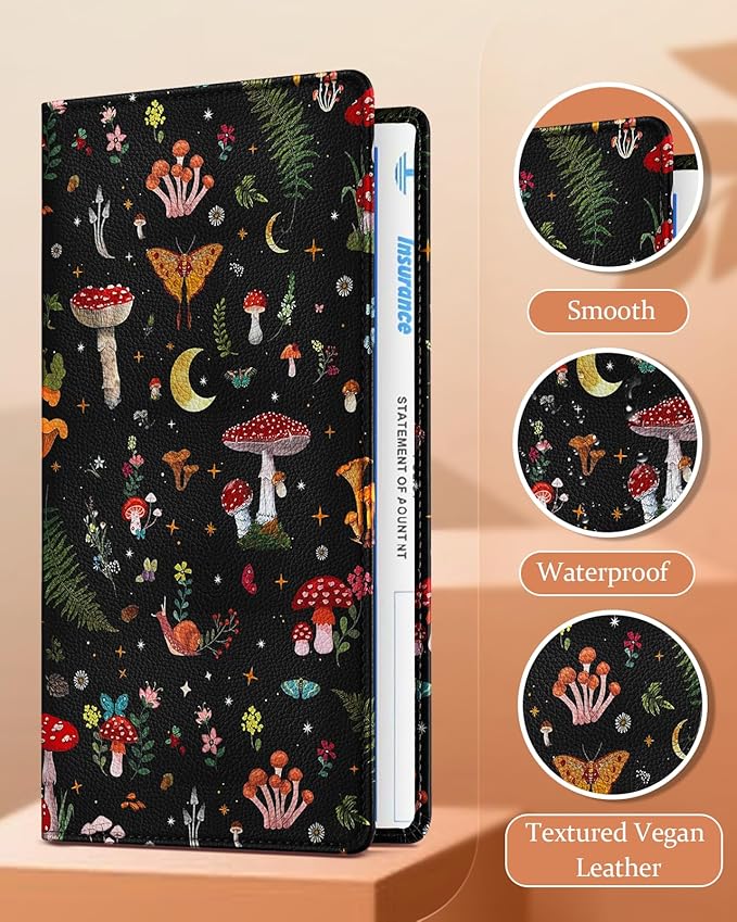 Slohif Car Registration and Insurance Holder - Black Mushroom Vehicle Glove Box Organizer Women with Magnetic Shut Leather Automobile License Holders Coasters Auto Accessories Case for Document