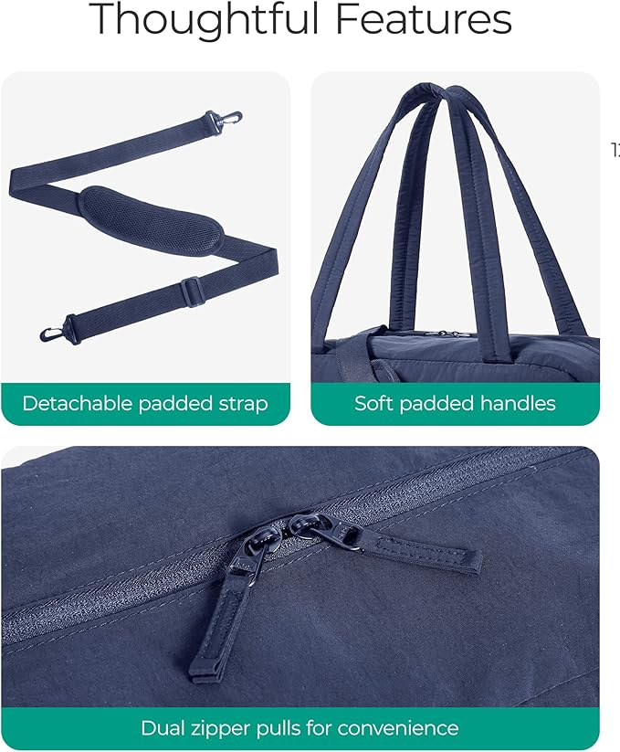 BAGSMART Gym Bag for Women, Lightweight Puffer Duffle Bag 2-PC Travel Bag, 31L Weekender Overnight Bag Quilted Carry On Tote Bag, Diaper Hospital Dance bag for Travel, Gym, Water Resistant, Navy Blue