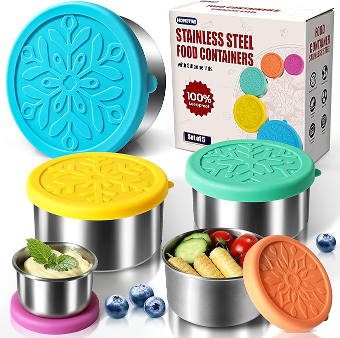 Homotte 304 Stainless Steel Containers with Lids Small for Lunch, Leak-Proof Stainless Steel Food Storage Containers for Back to School Kids, 5 Pack Stackable (2oz, 4oz, 8oz, 14oz, 24oz)
