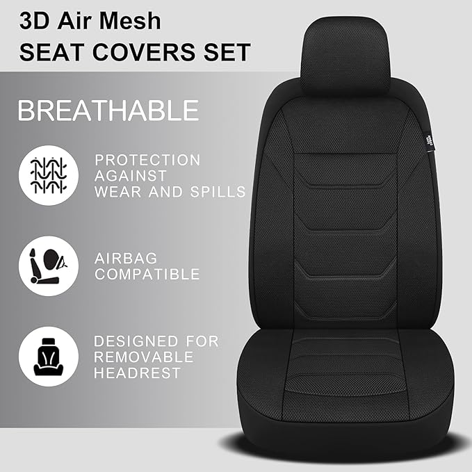 Pariiaotin 3D Air Mesh Car Seat Cover Full Sets Washable and Breathable Premium Cloth Automotive Vehicle Seat Covers for Cars Interior, Universal Fit for Most Cars, Sedan, Truck, SUV(Black)