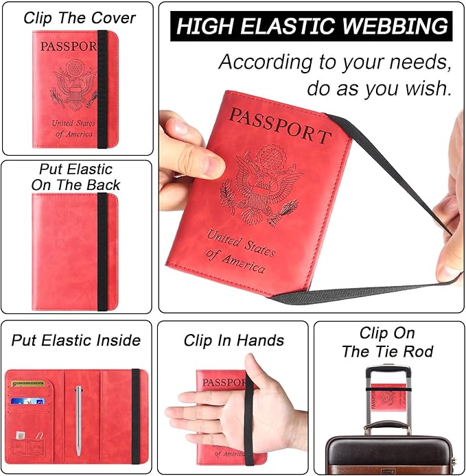 Passport Holder Cover Wallet Travel Essentials Leather Rfid Blocking Case Vacation Luggage Must Haves Travel Accessories for Men Women (116#Red)