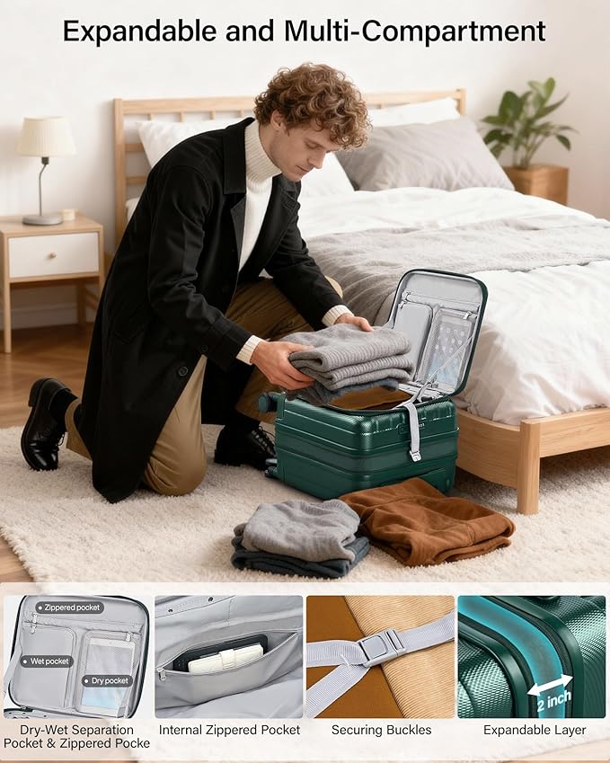 Hanke 16 Inch Expandable Under Seat Luggage with Wheels Top Opening Small Suitcase with Wheels Carry On Luggage Airline Approved Lightweight Hard Shell Suitcases for Weekender Overnight-Blackish Green