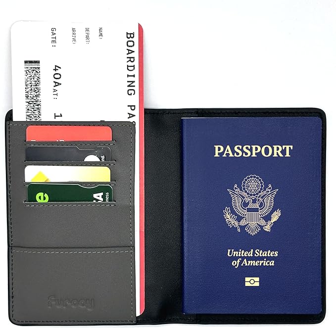 Passport holder for travel, Genuine Nappa Leather Passport Cover with RFID blocking. A must-have Airport Travel safety essentials for both men and women.(Black/Gray)