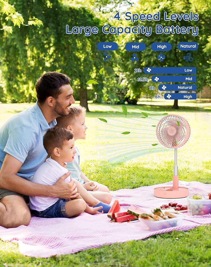 Primevolve Battery Operated Fan,Portable Rechargeable USB Floor Table Desk Fan with Adjustable Height,4 Speed Settings Pedestal Fan for Bedroom Camping Travel,Pink 7.7"