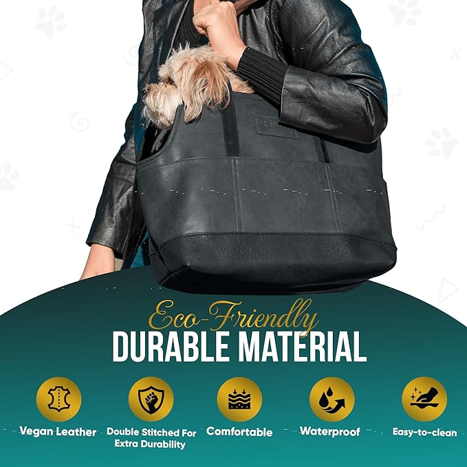 Faux Leather Dog Carrier for Small Dogs, Water-Resistant Designer Dog Purse with Safety Harness, Fashion Pet Carrier for Dogs 5-15 lbs, Luxury Dog Shoulder Carrier, Woven Black