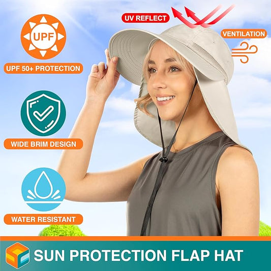 SUN CUBE Sun Hat for Women with Ponytail Hole Neck Flap, Gardening Hat Women Sun Protection, UV Hats Hiking Walking Fishing