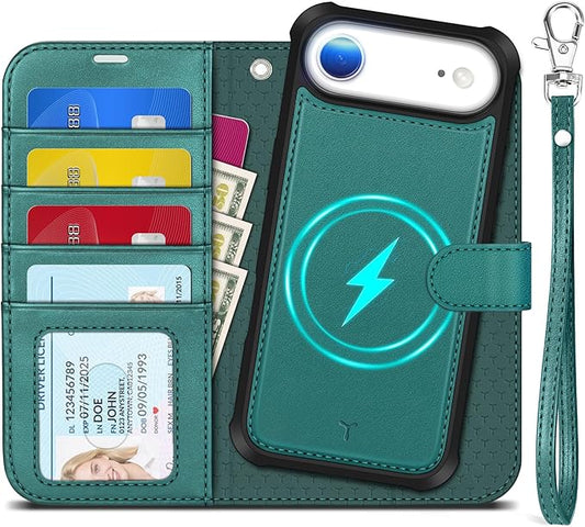 TUCCH 2-in-1 Removable Case Wallet for iPhone Air (6.5") 2025, Detachable Wrist Strap, 4 Card Holders RFID Blocking, Wireless Charging, Stand, Magnetic, PU Leather Shockproof Cover, Bluish Green