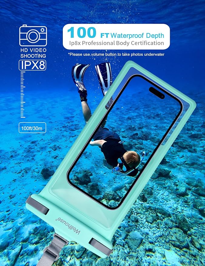 wellhouse Waterproof Phone Pouch, Waterproof Phone Case for iPhone 16 15 14 13 12 Pro Max XS Samsung, IPX8 3D Cellphone Dry Bag Beach Essentials (1 Pack - Crystal Green8.0, 8 inch)