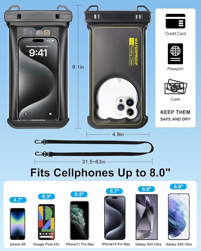 Waterproof Phone Pouch Floating- [3D Clear Soft Edges ] IP68 Waterproof Phone Case - iPhone 16/15/14/13 Pro Max Samsung 24/23/22 Ultra Google Up 7.5" - Detachable Lanyard - Front Clear + Back Bear