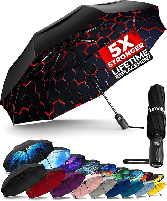 TUMELLA Strongest Windproof Travel Umbrella (Compact, Superior & Beautiful), Small Strong but Light Portable and Automatic Folding Rain Umbrella, Durable Premium Grip, Fits Car & Backpack