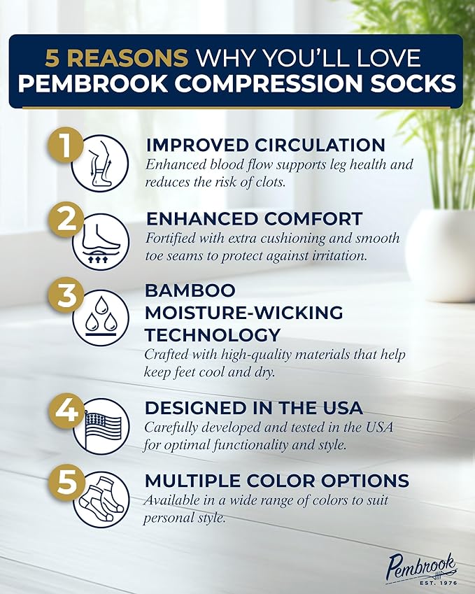 Pembrook Bamboo Viscose Light Compression Socks - 3 Pairs | 8-15 mmhg Compression Socks | Knee High Comfort Support Socks