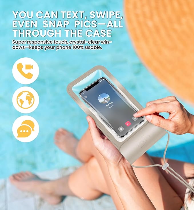 HiRui Universal Waterproof Phone Pouch with Touch Screen, IP68 Waterproof Phone Case Dry Bag for Beach, Compatible with iPhone 16/15/14/13/12/XR/SE, Samsung Galaxy, Fits up to 6.1" (Gold, Large)