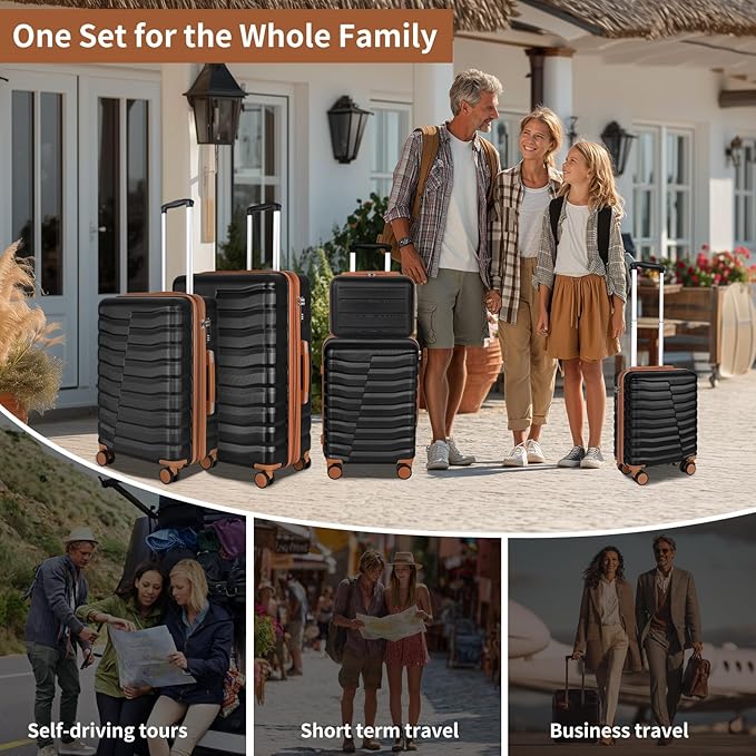 5-Piece Luggage Set, Lightweight ABS+PC Hard Shell Suitcase with YKK Zipper & TSA Lock for Family, Black Brown, 14in/18in/20in/24in/28in