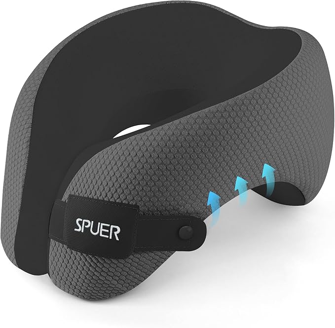 2in1 Ergonomic Memory Foam Travel Neck Pillow – Travel Pillow for All Sleep Positions on Flights, Road Trips, and Long Distance Travel with Drawstring Bag (Adjustable - Dark Gray & Black)