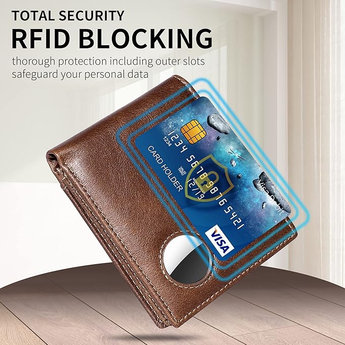Swallowmall AirTag Wallet Mens RFID Blocking Genuine Leather Bifold Men's Wallet For air tag with 1 ID Window 13 Card Holders CoffeeBrown(Airtag Not included)