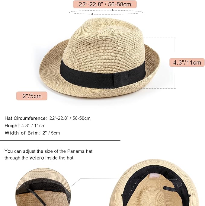 DRESHOW Women Straw Panama Hat Travel Fedora Beach Sun Hat Summer Wide Brim Straw Roll up Hat UPF 50+