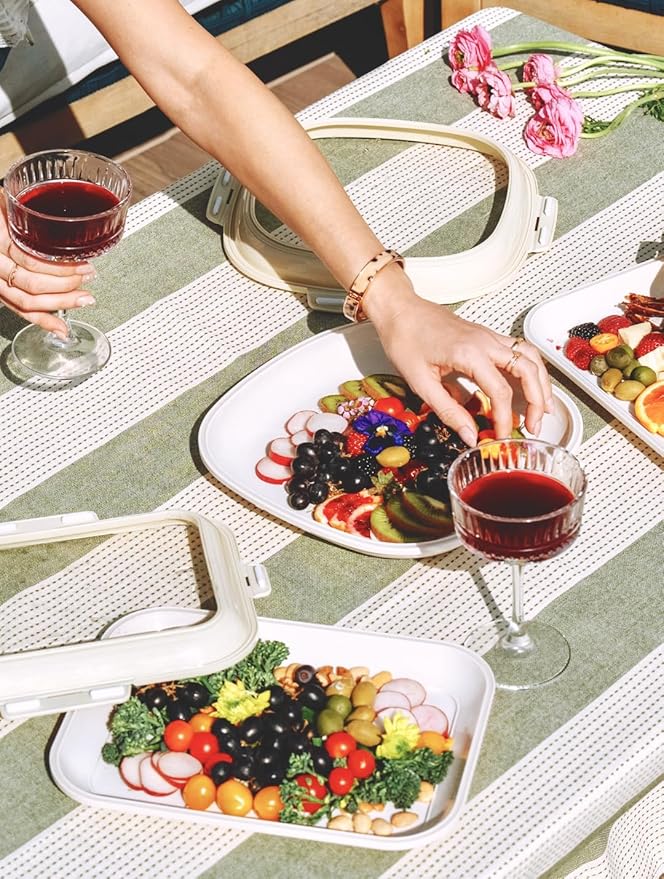 Crudités | Portable Snack Tray | Rectangle 2-Pack | Sage Green | Reversible Stretch Lid Food Containers | BPA-Free, Freezer & Dishwasher Safe | Meal-Prep, Charcuterie, Salads, Picnic, Travel