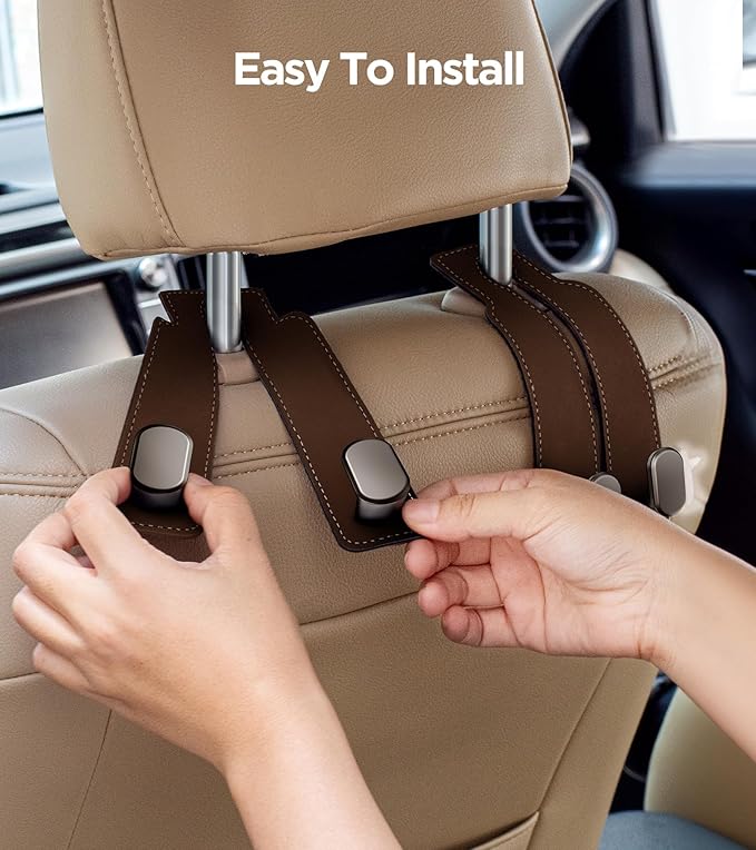 AMINOR 2 Pack Car Seats Hooks for Headrest, 2-in-1 Premium Leather Car Headrest Hanger with Metal Hooks, Car Seat Back Storage Hooks for Purses, Handbags, Phone (Brown)
