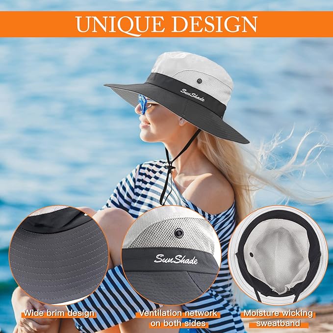 Sun Hats for Women Beach Hat Ponytail Hat Womens Sun Hat with UV Protection Wide Brim