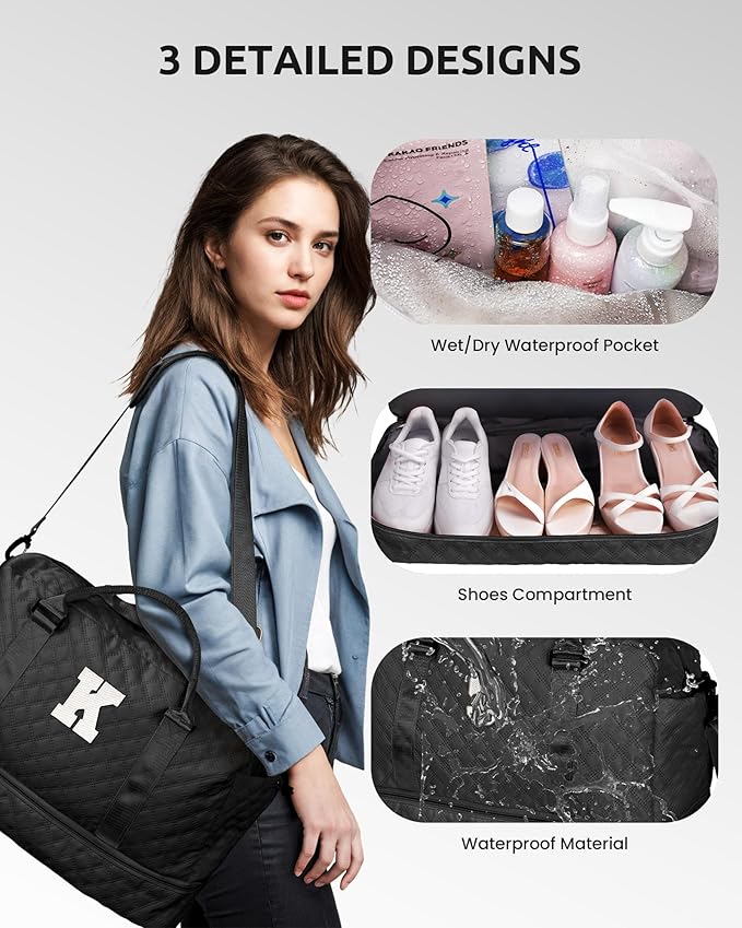 Vogewood Trendy Gifts for Women-Initial Duffle Bag with Shoe Compartment, Personalized Weekender Bags, Monogram Overnight Bag for Women, Letter Travel Bags with Makeup Pouch (Letter A)
