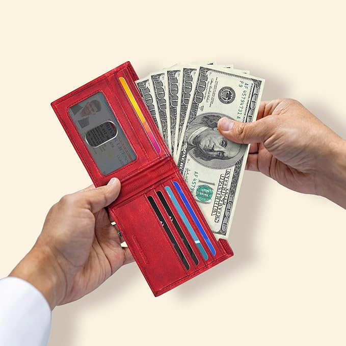 Oak Leathers Slim Leather Wallet for Men - RFID Blocking Slim Minimalist Front Pocket - Thin & Stylish with ID Window, Gift For Men (Vintage Red)