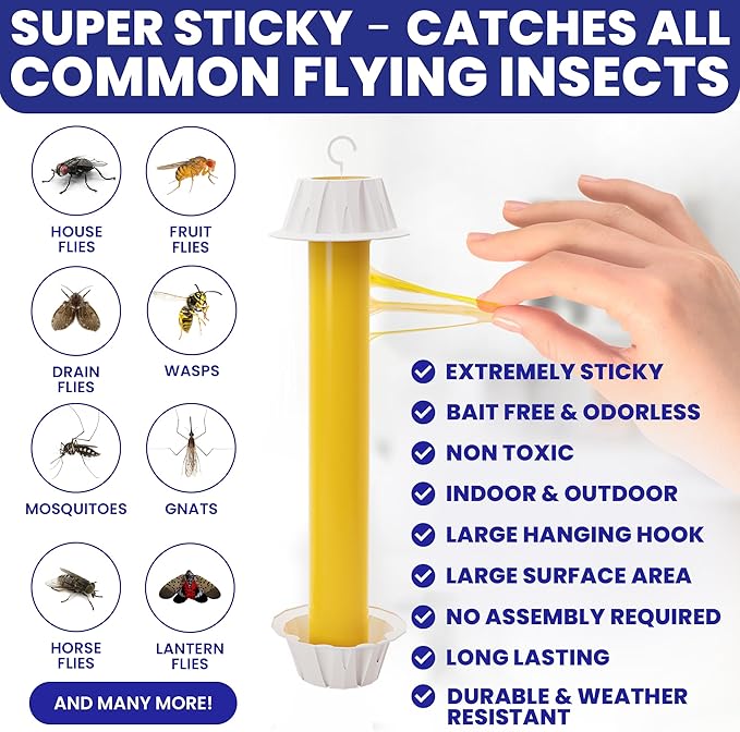Fly Stick Sticky Fly Traps for Indoors Outdoor 4pk. Non-Toxic Super Sticky Hanging Flies Catcher Paper Tape Strips for Home. Catches All Bugs and gnats. Indoor Outdoor House Flying Insect Trap